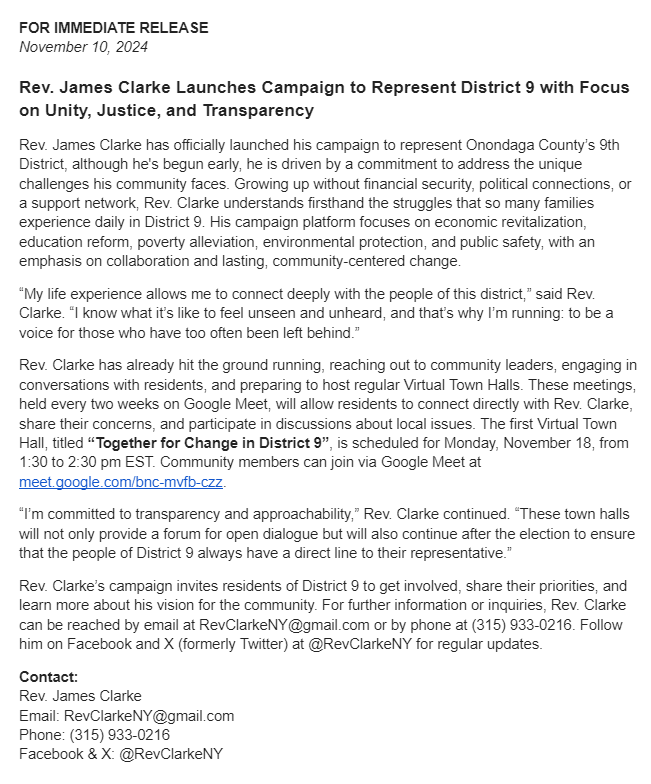 RevClarkeNY's tweet photo. Submitted my press release to @CNYCentral to announce that I'm running for office.

Sadly, from past experience with this #news outlet with my nonprofit, they don't cover the "unknown person." So here is the release I sent them for your reading pleasure.

#Onondaga #Syracuse #NY https://t.co/QA1LnJzgMc