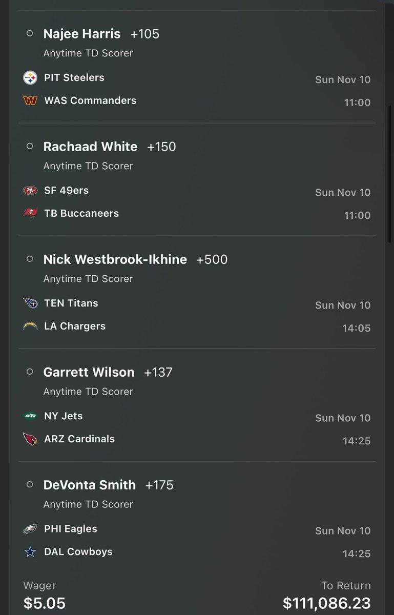 🚨LONGSHOT TD PARLAY🚨

10 players
$5
$111K

Let’s Get Rich Today!

WE DESERVE IT! ♠️➕💰

#GamblingX #PlusMoney #NFL #Lotto