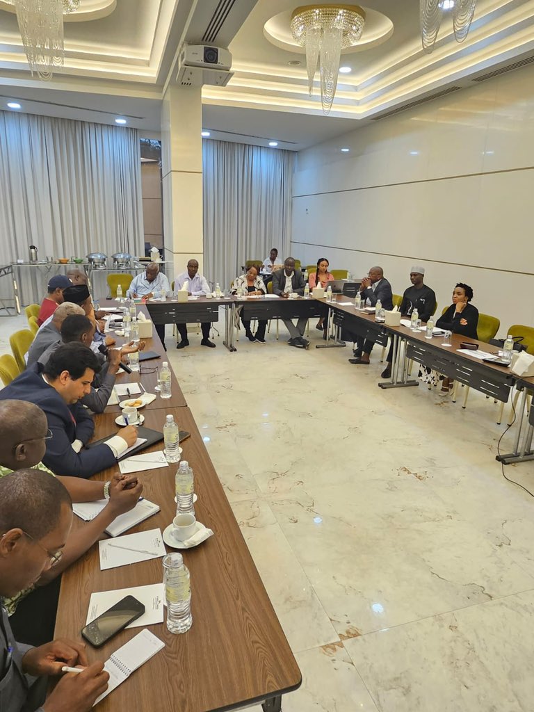 The AU Panel of the Wise is in Juba to advance dialogue on the implementation of the R-ARCSS. The Panel received a comprehensive briefing from SRCC Amb. Joram Biswaro and engaged with the African Diplomatic Corps to align on efforts for sustained peace &amp; stability in #SouthSudan.