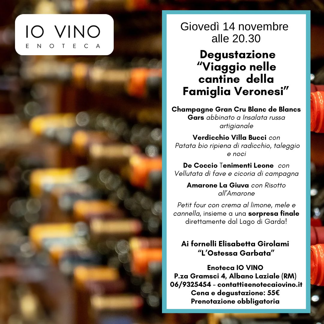 Carissimi Winelovers, vi aspettiamo giovedì 14/11 alle 20.30 da IO VINO per un viaggio enologico dalla Francia al Veneto con piatti dell’Ostessa Garbata. Cena + degustazione 55€. Info e prenotazioni: 069325454 o contatti@enotecaiovino.it. Non mancate!
