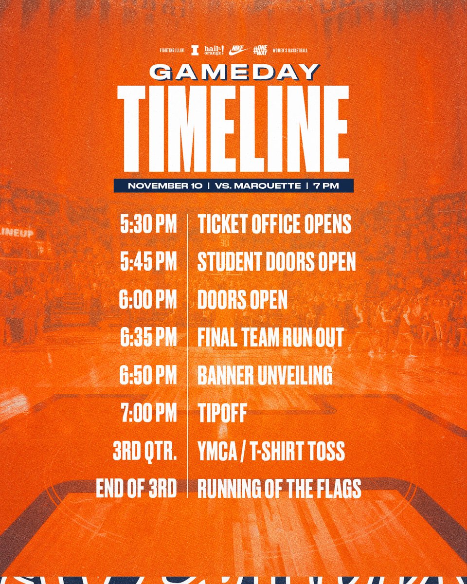🔶 GAME DAY IN STATE FARM CENTER 🔷

🆚 - Marquette
🥇 - WBIT banner raising pregame
🕰️ - 7 PM CT
🎟️ - ow.ly/98ER50U3Qfu
📰 - ow.ly/bvfW50U3Qfr
📺 - Big Ten Network
📻 - ow.ly/fVXK50U3Qft
📊 - ow.ly/FHAH50U3Qfs

#Illini | #HTTO | #OneWay