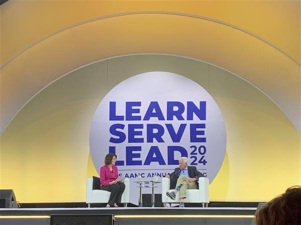 AAMCtoday's tweet photo. Thanks to James Weinstein, DO, for an impactful #AAMC24 plenary on the impact of generative AI on health care, a transformation that moves beyond replacing existing systems &amp; redefines the entire ecosystem of #academicmedicine. 👏 to @AlisonWhelanMD, for guiding the conversation. https://t.co/DsMi8jJrBb