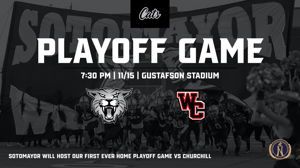 Sotomayor High School (@nisdsotomayor) on Twitter photo 🚨 PLAYOFF GAME ANNOUNCEMENT 🚨
🆚 Churchill
🏟️ Gustafson Stadium
🗓️ November 15th
⏰ 7:30 P.M. 
🖥️ northsidesportsnetwork.com/Sotomayor/ 🚨 PLAYOFF GAME ANNOUNCEMENT 🚨
🆚 Churchill
🏟️ Gustafson Stadium
🗓️ November 15th
⏰ 7:30 P.M. 
🖥️ northsidesportsnetwork.com/Sotomayor/