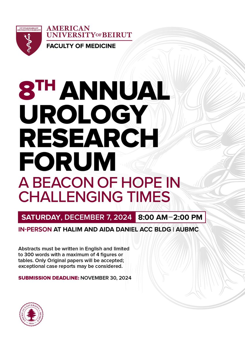 Albert El Hajj, MD (@dralbert) on Twitter photo Join the 8th Annual Urology Research Forum! Despite the challenges, we’re fostering innovation & progress. Share research, connect with scholars & forge a brighter future. <a href="/AUB_Lebanon/">American University of Beirut</a> <a href="/AUB_FM/">Faculty of Medicine</a> <a href="/AUBMC_Official/">American University of Beirut Medical Center</a> <a href="/LUS_lb/">LUS</a> #UrologyResearch #Innovation #Lebanon #BPH #Uro oncology Join the 8th Annual Urology Research Forum! Despite the challenges, we’re fostering innovation & progress. Share research, connect with scholars & forge a brighter future. <a href="/AUB_Lebanon/">American University of Beirut</a> <a href="/AUB_FM/">Faculty of Medicine</a> <a href="/AUBMC_Official/">American University of Beirut Medical Center</a> <a href="/LUS_lb/">LUS</a> #UrologyResearch #Innovation #Lebanon #BPH #Uro oncology