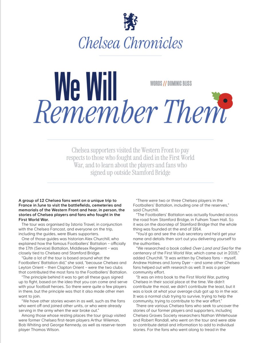 IstoriaTravel's tweet photo. Honoured that our #CFC tour in association with @ChelseaFanCast got a write up for Remembrance Day in the match day programme 💪🏼 🕯️ You can join us for round 2 in Normandy next year! Details on the website 🕯️ @agh57 @KaiserJonny @StamfordChidge @GrocerJackUK @gate17marco https://t.co/FSHb5y2zMY