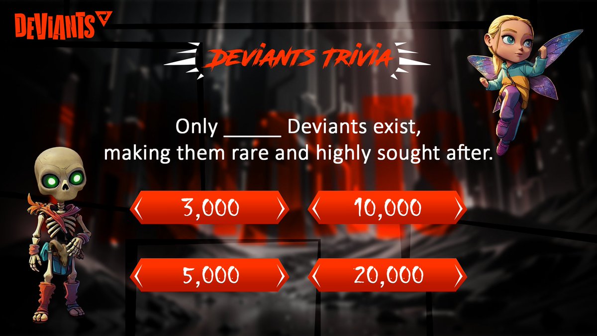 TheDeviantsNFT's tweet photo. Answer today's weekly trivia question for a chance to win 25 shards! 🔥

Only ____ Deviants exist, making them rare and highly sought after. 

🔻3,000
🔻5,000
🔻10,000
🔻20,000

Keep an eye out for more trivia—and more chances to win—every week! 👀