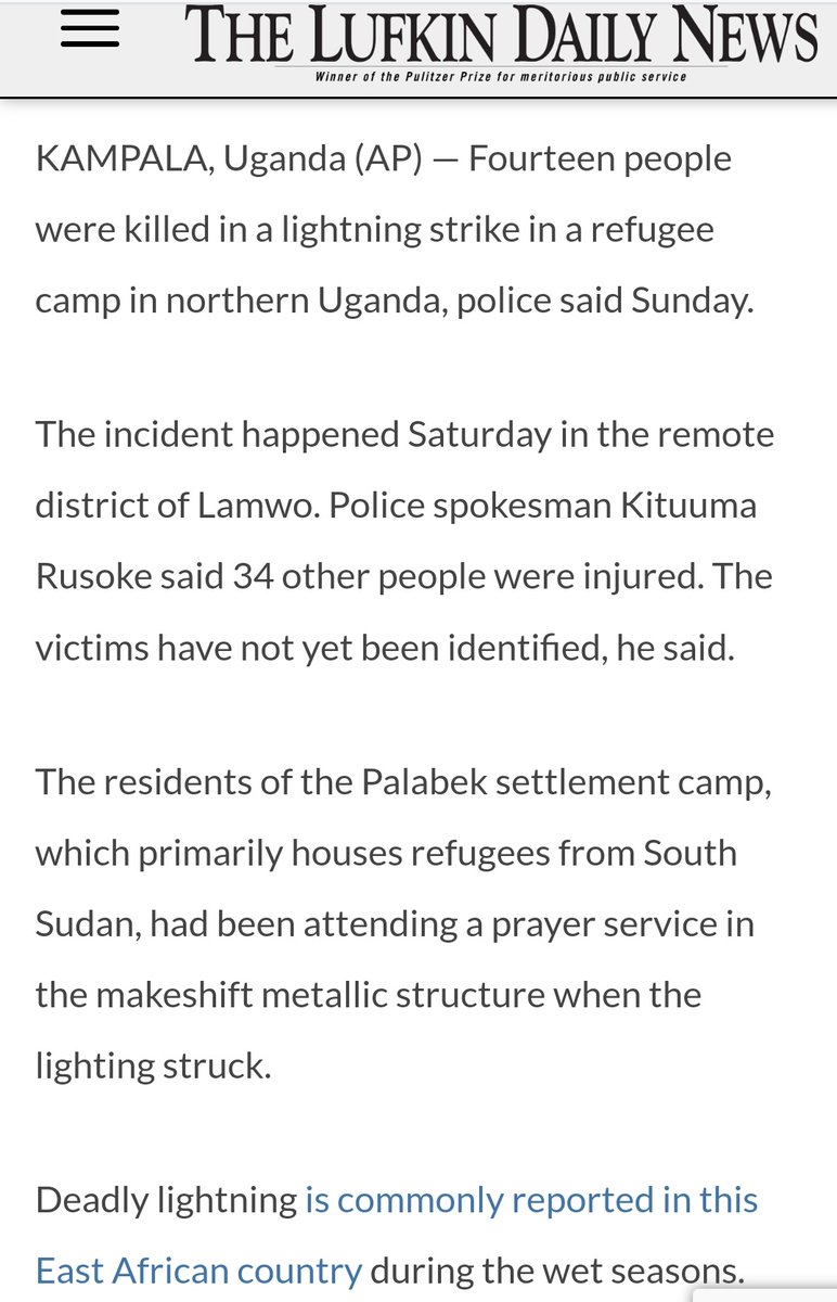 StreetTreck's tweet photo. ♻️ 14 #people #killed🕊️ when #lightning hits a #church in #remote #refugeecamp in #Uganda. The #residents were of #Palabek #settlement #camp, which #primarily #houses #refugees from #SouthSudan🛤️
#StreetTreck🛤️
https://t.co/eDKCgKKcLf https://t.co/e19j5xoSGQ