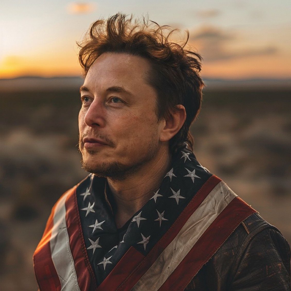 TrumpCrave's tweet photo. 🚨 Elon Musk spotted in the desert, draped in the American flag like a modern-day patriot. 

Is he channeling his inner Western hero or just really, really into the stars (and stripes)? 🌵🔥 #ElonInTheWild #PatrioticVibes #MAGA #Trump2024 https://t.co/UoYaQSwis5