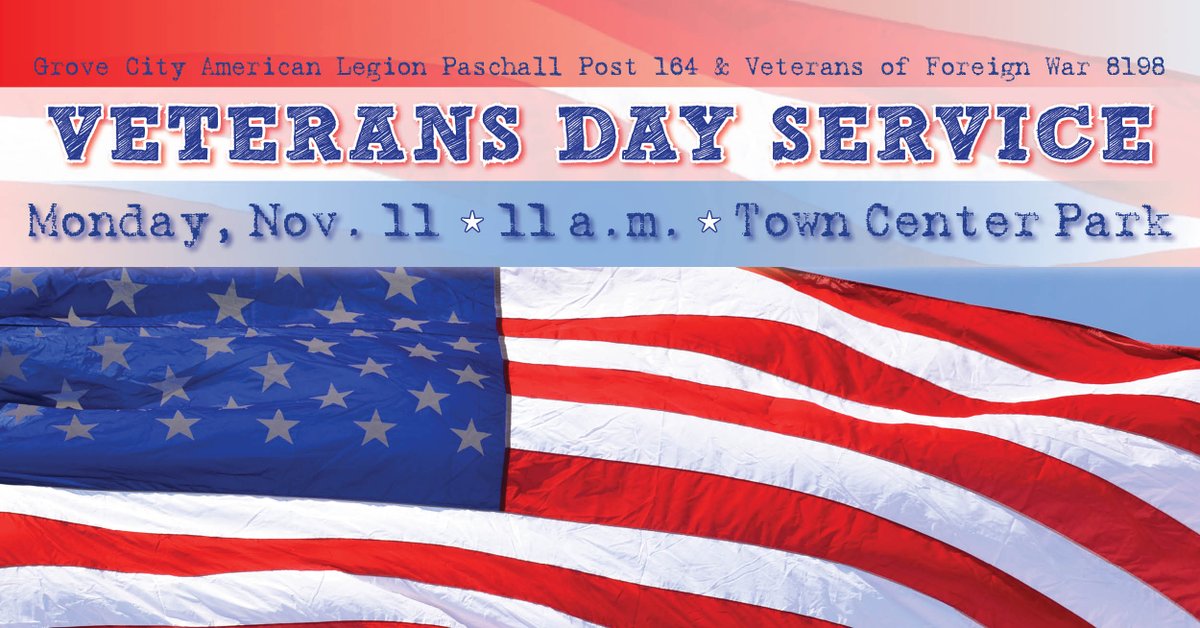 🇺🇸 Join us as the we honor our heroes. 🇺🇸
The American Legion Paschall Post #164 and Veterans of Foreign Wars 8198 host the annual Veterans Day Service, Monday, Nov. 11 at 11 a.m., in Town Center Park, 3359 Park St.
Learn more bit.ly/gcVeteransDay
#VeteransDay #grovecityohio