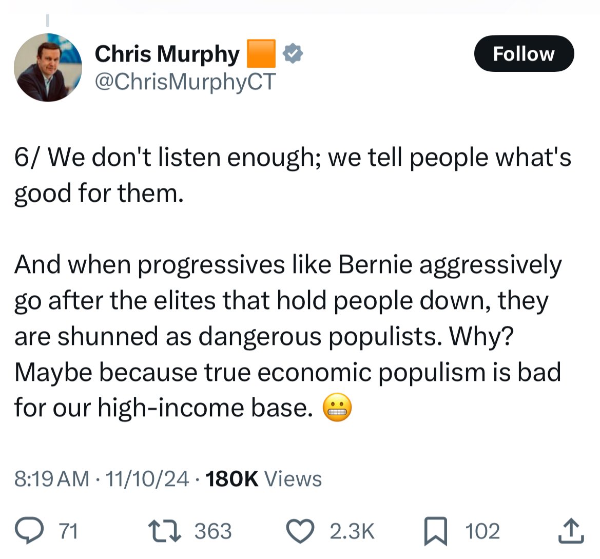 Wow. Democratic senator says the quiet part loud and admits why the party is terrified of populism: “populism is bad for our high-income base.”