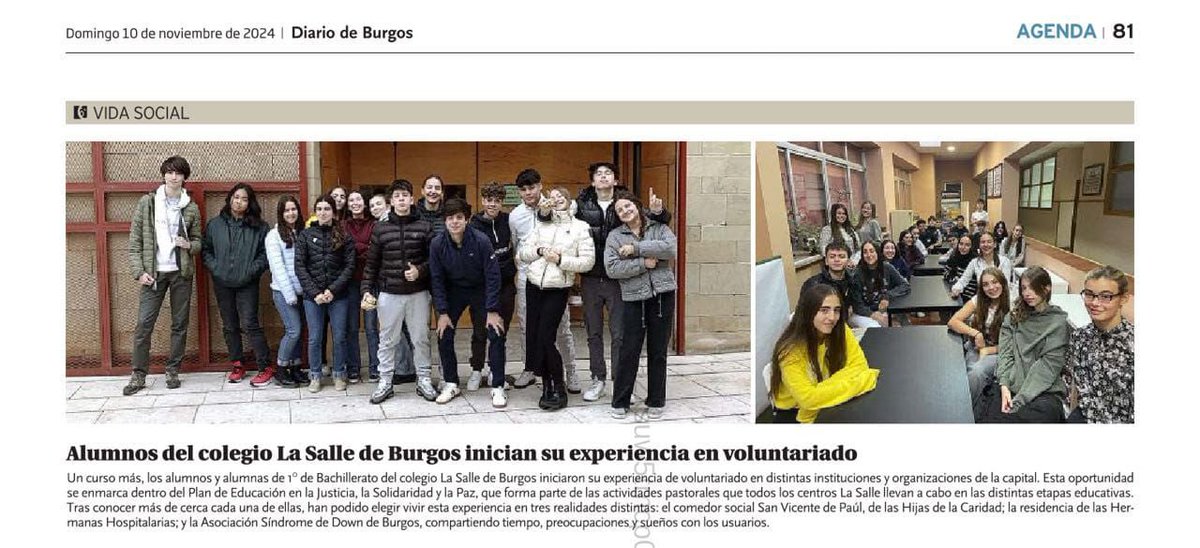 SOMOS NOTICIA

Un año más, nuestros alumnos de 1º de #BachilleratoLaSalleBurgos son noticia porque empiezan su experiencia de voluntariado. 

#LaSalleEsPastoral 

➡️ <a href="/diariodeburgos/">Diario de Burgos</a>