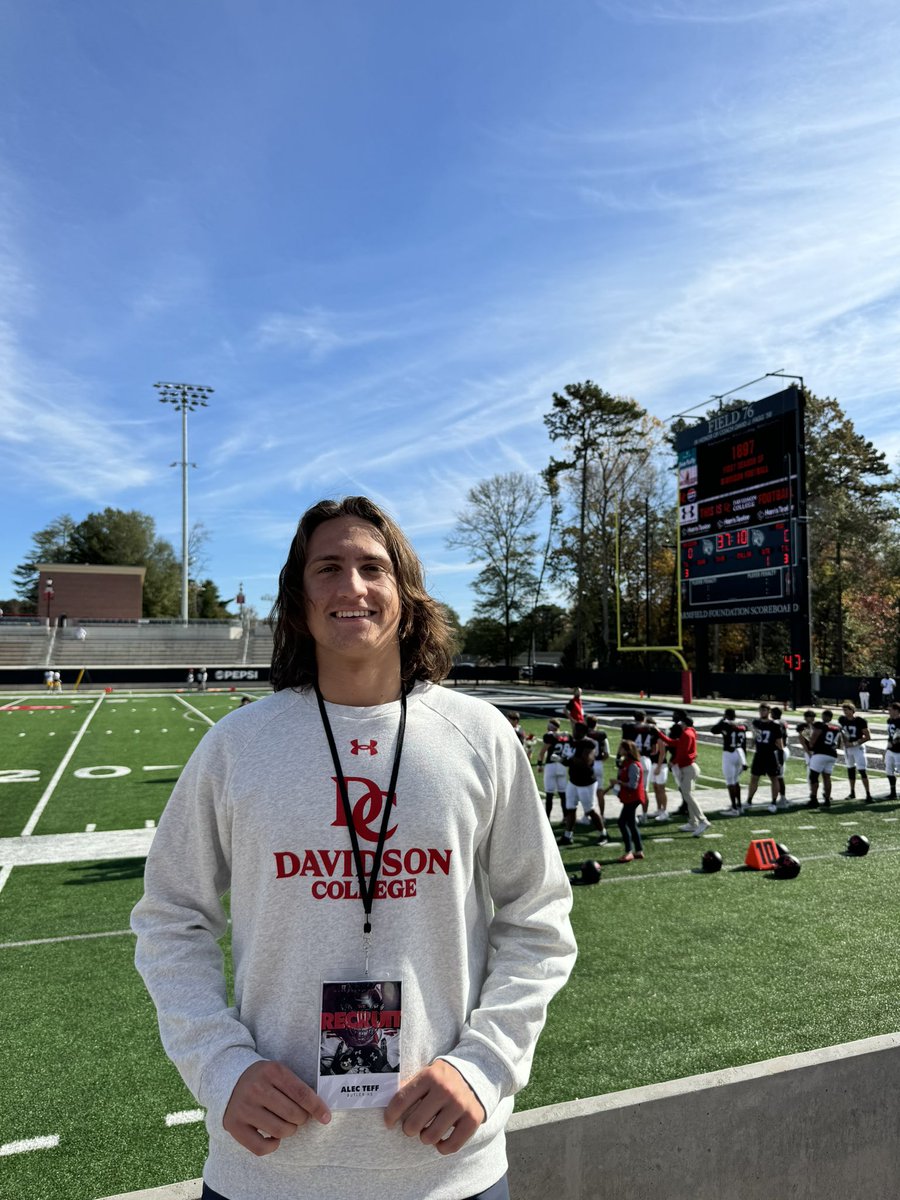AlecTeff's tweet photo. Thanks to @DavidsonFB and @_Coach_Hof for having myself and @PrestonSimko out for a game day visit. Great win over Morehead State. https://t.co/6KT7q21gTG