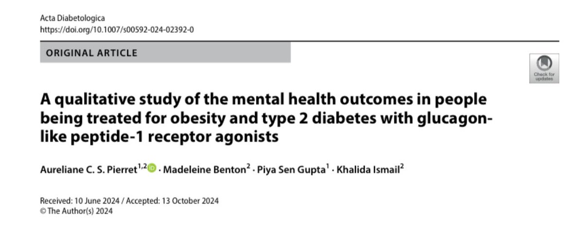 Glucagon-like peptide-1 (GLP-1) receptor agonists are increasingly used for obesity and type 2 diabetes—but how do they impact mental health? 🧠 
Our latest article highlights these effects, particularly concerning binge-eating disorder.  Access it here rdcu.be/dZHvy