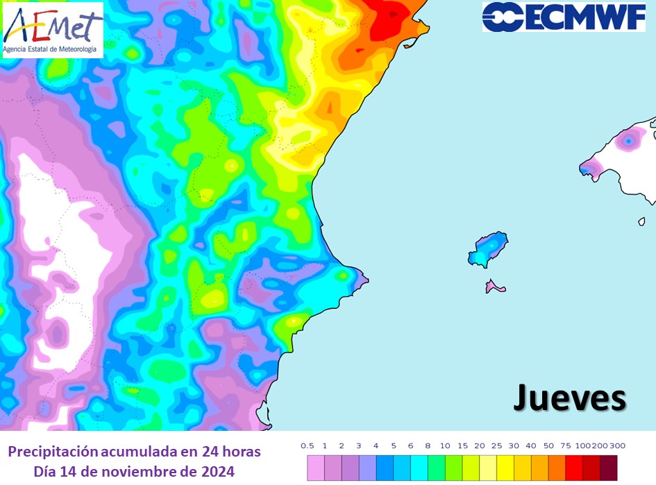 AEMET_CValencia's tweet photo. Luego nunca llueve como prevén los modelos, y más con las incertidumbres inherentes a esta situación a día de hoy, pero para que os deis una idea, os adjuntamos los mapas con la lluvia prevista cada 24 h el martes, miércoles y jueves. https://t.co/oaLsVS9rtt