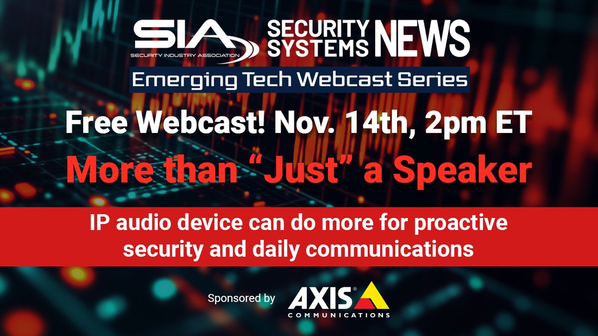 SIAonline's tweet photo. Nov. 14: SIA and @SSN_Talks present "More Than 'Just' a Speaker," sponsored by @AxisIPVideo!
Learn how #IPvideo can do more for proactive #security and daily communications in this free expert-led webinar.
RSVP: https://t.co/OfkNeY77Hz #securityindustry https://t.co/sBRW33ME9a