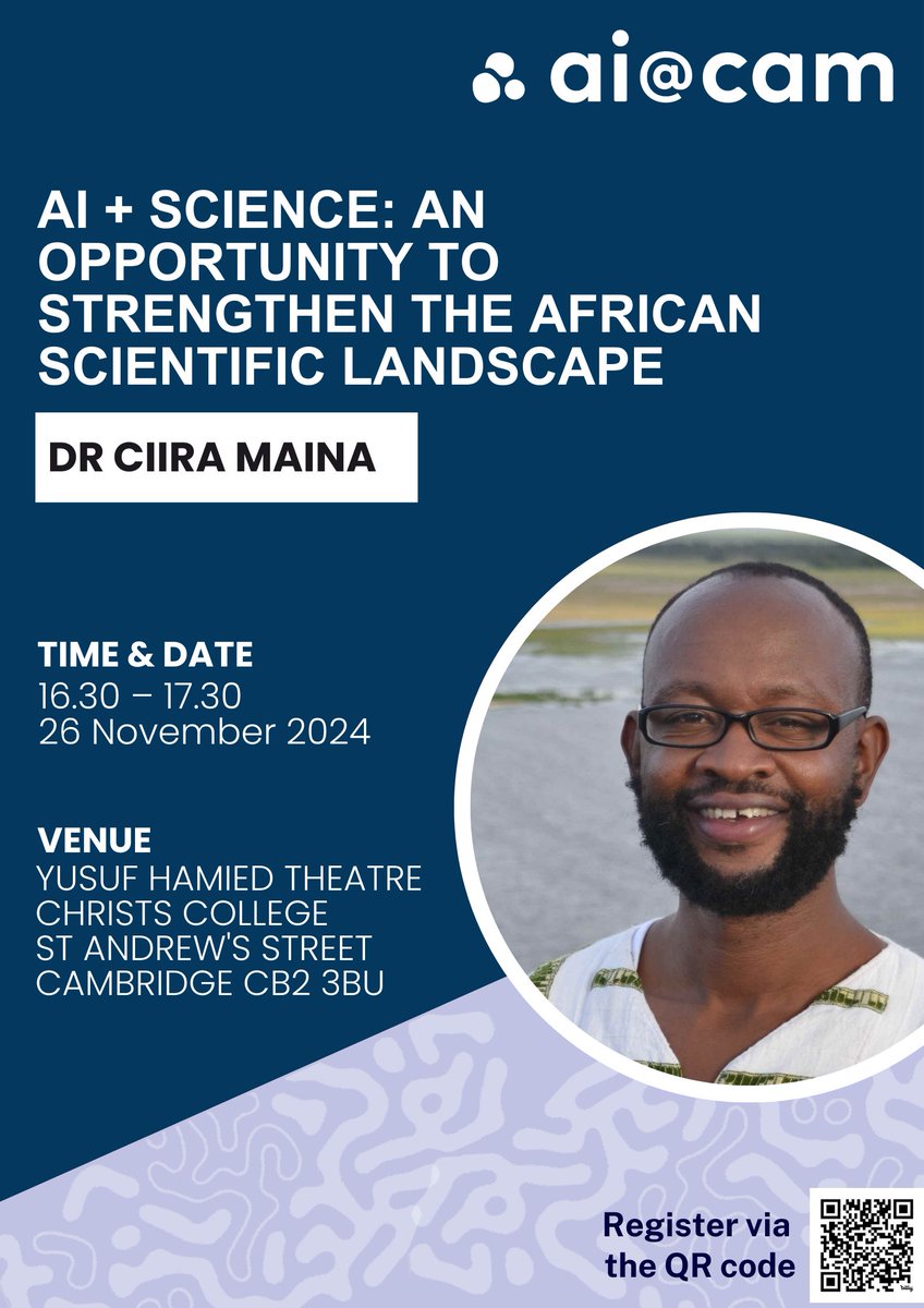 ai@cam (@ai_cam_mission) on Twitter photo 📣 Join us for a keynote seminar on AI and Science: An opportunity to strengthen the African scientific landscape with <a href="/CwaMaina/">Ciira Maina</a> (Director of the Centre for Data Science and Artificial Intelligence) on Tuesday 26 Nov. Register here: buff.ly/3YLpvsa 📣 Join us for a keynote seminar on AI and Science: An opportunity to strengthen the African scientific landscape with <a href="/CwaMaina/">Ciira Maina</a> (Director of the Centre for Data Science and Artificial Intelligence) on Tuesday 26 Nov. Register here: buff.ly/3YLpvsa