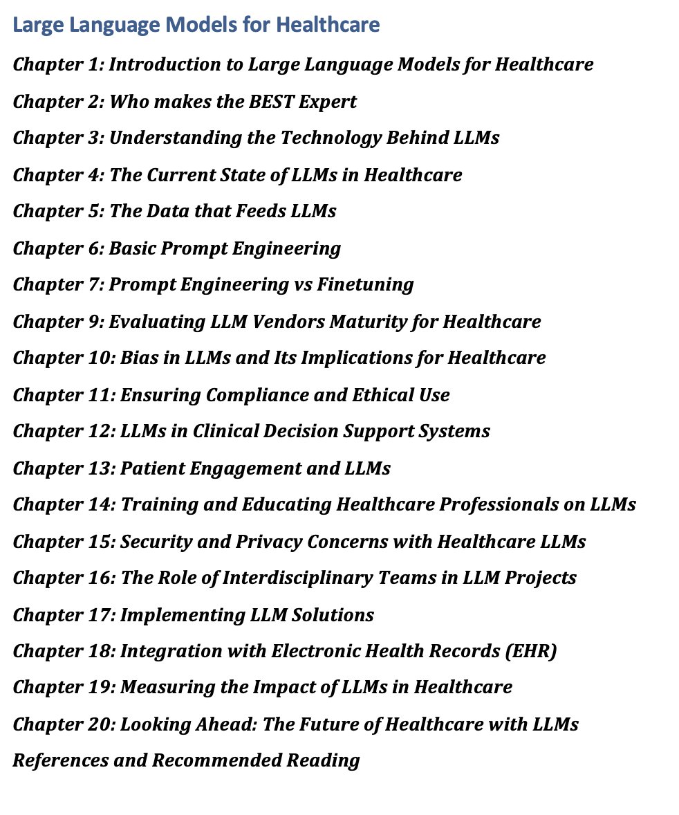 jeremytech's tweet image. Hey #AMIA2024 I&apos;ve finished my LLM for Healthcare book being published with Taylor &amp;amp; Francis Group,  I&apos;m hoping it will be published 1st quarter next year. If its something  you&apos;re interested in I&apos;ve been deep diving for the past year.

#HIMSS #CHIME #AMIA