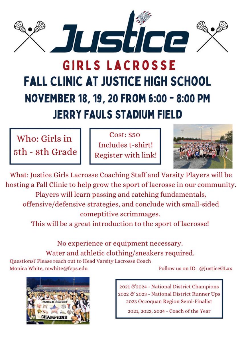 One week away and only 4 spots left for our Girls Lacrosse Clinic! Sign up today: tinyurl.com/JHSGLAX