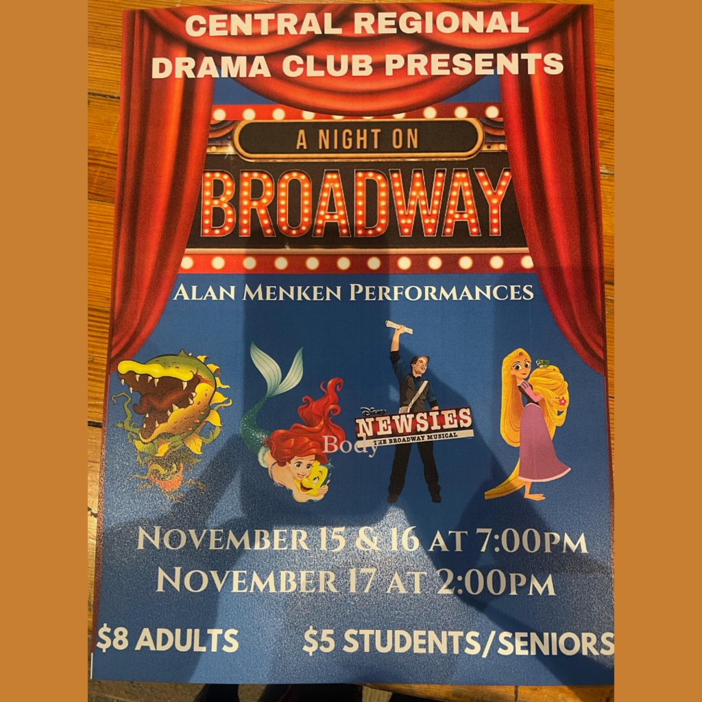 we_r_crhs's tweet image. The CRHS Drama Club&apos;s fall production runs from November 15th to 17th: A Night on Broadway--Alan Menken Performances. It will feature music from The Little Mermaid, Newsies, Hercules, Little Shop of Horrors, and more!  Purchase tickets at centralreg.booktix.com