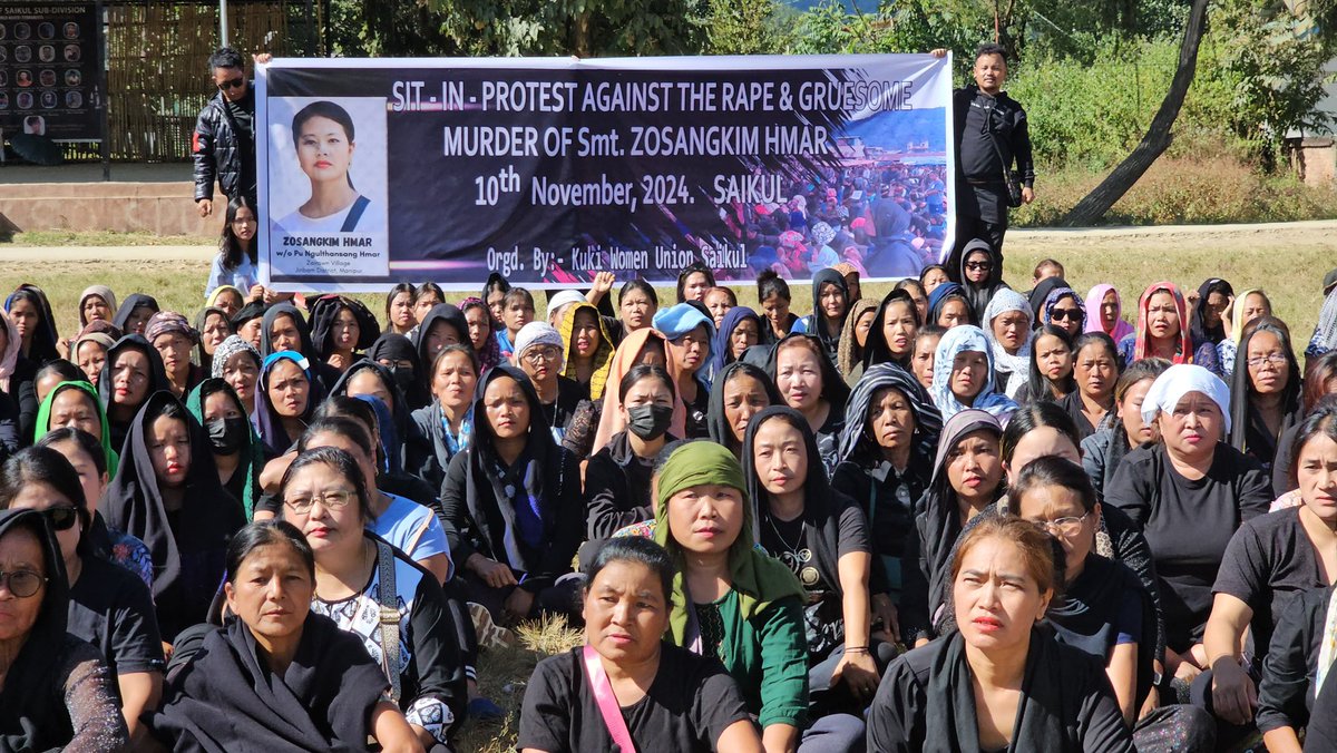 KukiZoWF's tweet photo. Kuki Zo Tribal Women of Saikul Hill Town protests against the gruesome r@pe&amp; Murder of Smt. Zosangkim Hmar by #ArambaiTenggol militants aided by Meitei Manipur Police in Jiribam. The inhumanity shown by valley dwellers have once again proved why #UnionTerritory4KukiZo is a must. https://t.co/ZoA74odknl