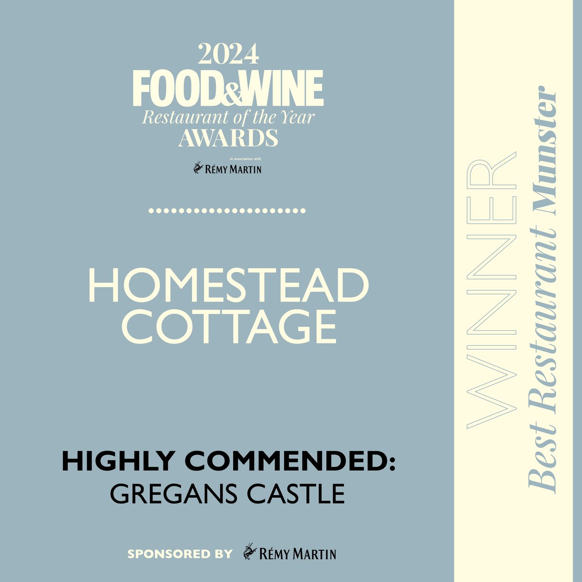 FOOD&WINE Magazine Ireland (@foodandwineie) on Twitter photo Best Restaurant Munster sponsored by <a href="/RemyMartinUK/">Remy Martin UK</a> goes to <a href="/Homesteaddoolin/">homestead cottage doolin</a> with Gregans Castle highly commended. #ROTYA2024 <a href="/barryandfitz/">Barry & Fitzwilliam</a> <a href="/libertyireland/">Liberty Wines IE</a> <a href="/squareireland/">Square Ireland</a> <a href="/BodegasLan/">LAN</a> Best Restaurant Munster sponsored by <a href="/RemyMartinUK/">Remy Martin UK</a> goes to <a href="/Homesteaddoolin/">homestead cottage doolin</a> with Gregans Castle highly commended. #ROTYA2024 <a href="/barryandfitz/">Barry & Fitzwilliam</a> <a href="/libertyireland/">Liberty Wines IE</a> <a href="/squareireland/">Square Ireland</a> <a href="/BodegasLan/">LAN</a>