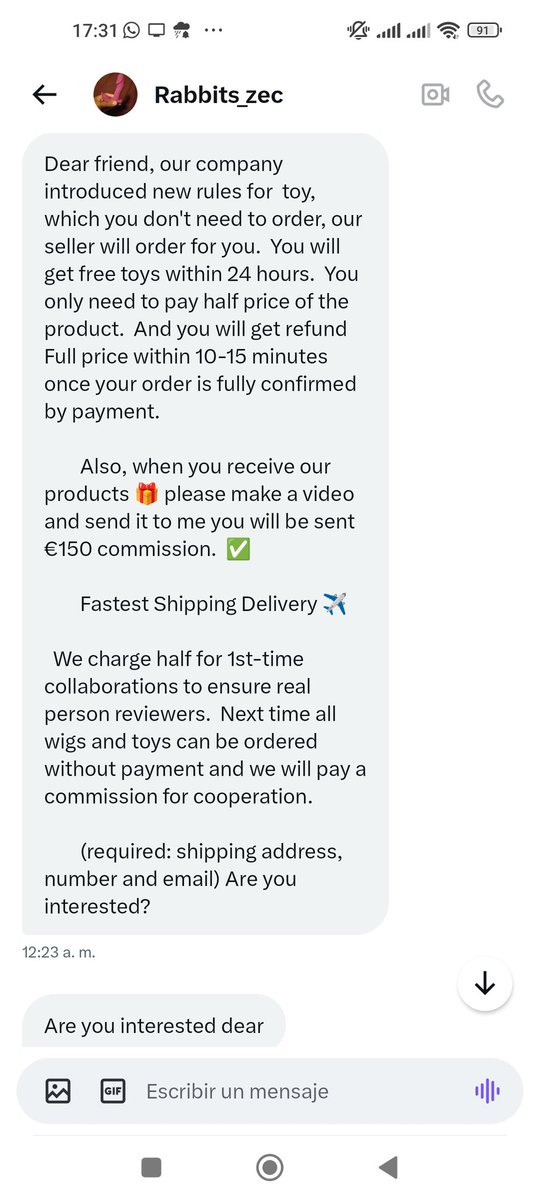 Abrilcdya's tweet photo. @Rabbits_789 Be careful with this account, it is a scammer, it poses as a sex toy tester and asks to pay 50% in advance, it is obviously a scam, don't fall for it https://t.co/HjCuK3ibgj