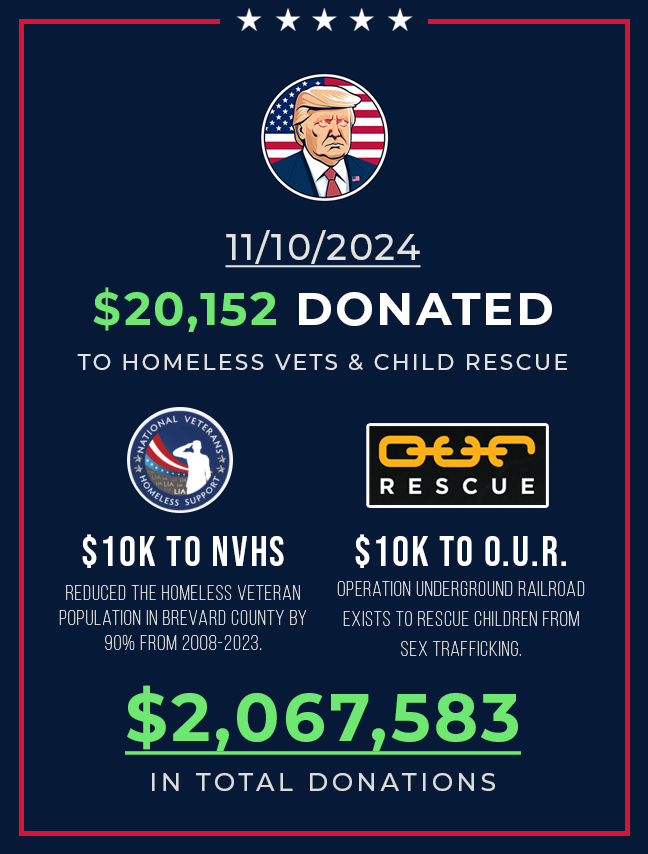 MAGAMemecoin's tweet photo. 🚨Today, we've donated $20,152 in $ETH to Homeless Veterans and Child Trafficking Rescue. This marks our 65th consecutive week of making donations, now totaling $2,067,583.
@nvhs @OURrescue https://t.co/TCnKujX9U9