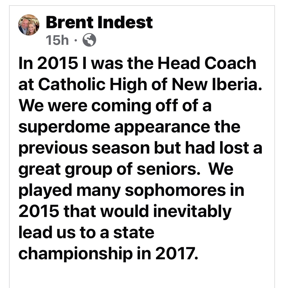 14_0productions's tweet photo. Coach Brent Indest posted this on our Facebook page yesterday and I wanted to share it here. This is the kinda man that needs to be Governor. Once again, football doesn’t build character, it reveals it… https://t.co/HtMz60yRiH