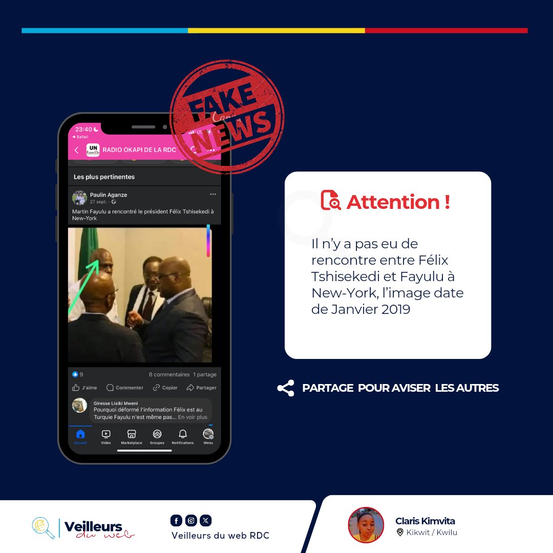 veilleursduweb's tweet photo. Attention, il n'y a pas eu de rencontre entre Félix Antoine Tshisekedi   et Fayulu à New-York, l'image date de janvier 2019

Les détails via ce lien👇
https://t.co/DKKuAXlEQJ https://t.co/TBM4Ja2XlE