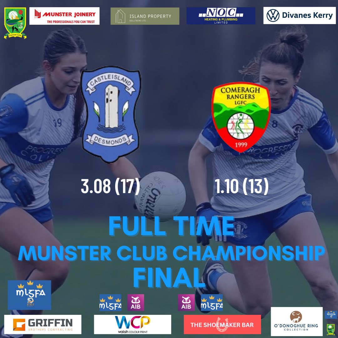 Castleisland Desmonds GAA (@gaadesmonds) on Twitter photo MUNSTER CHAMPIONS 🏆🔵⚪️
Full time in Mallow in the Munster LGFA Senior Club Championship Final and DESMONDS ARE MUNSTER CHAMPIONS 🔵⚪️
Full time:
Desmonds 3.8 (17)
Comeragh Rangers 1.10 (13)
🔵⚪️
#nadeasmúnaighabú #OneDesmonds
<a href="/radiokerrysport/">Radio Kerry Sport</a> <a href="/kerryladiesfoot/">KerryLGFA</a> <a href="/MunsterLGFA/">Munster LGFA</a> MUNSTER CHAMPIONS 🏆🔵⚪️
Full time in Mallow in the Munster LGFA Senior Club Championship Final and DESMONDS ARE MUNSTER CHAMPIONS 🔵⚪️
Full time:
Desmonds 3.8 (17)
Comeragh Rangers 1.10 (13)
🔵⚪️
#nadeasmúnaighabú #OneDesmonds
<a href="/radiokerrysport/">Radio Kerry Sport</a> <a href="/kerryladiesfoot/">KerryLGFA</a> <a href="/MunsterLGFA/">Munster LGFA</a>