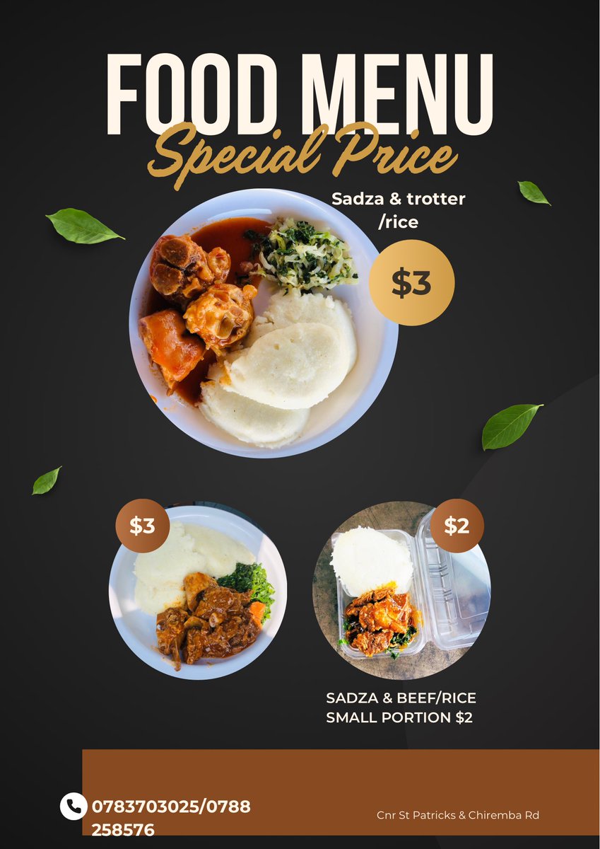 KaelaMiky's tweet photo. Please Retweet!!!
Hi guys I am serving Trotters , beef and chicken tomorrow . Our meals are served with rice / sadza . Big portions $3 , small portions $2  , i am doing deliveries in town and along Chiremba road .Dm/app on 0783703025, 0788258576 to place ur orders 
Thank you https://t.co/q5RLE7sKOc