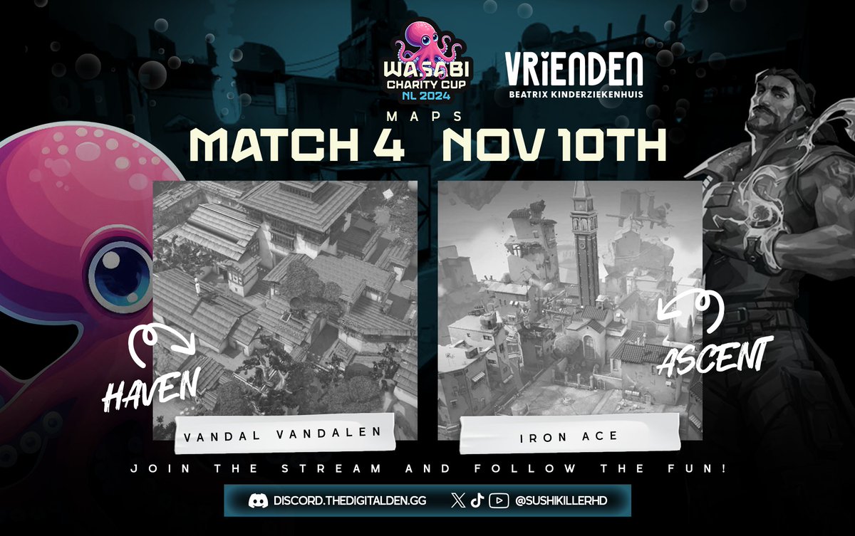 SushikillerHD's tweet photo. Tonight (at 19:00) we'll be going live with the fourth Wasabi Charity Cup match! First time seeing Iron Ace in action! See below the selected maps from each team! #valorant #charity https://t.co/ptGk4Fku7w