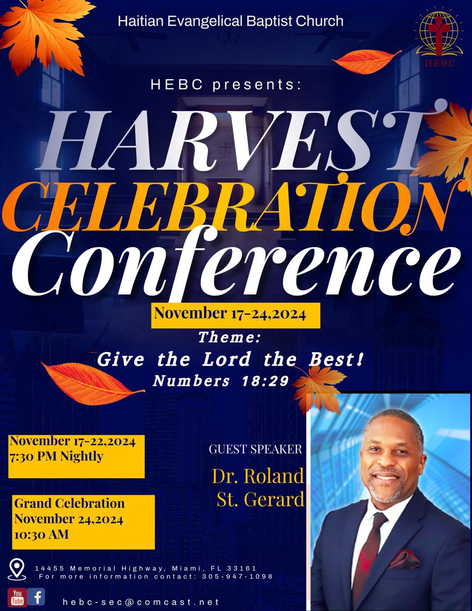 DoctorRo116's tweet photo. God bless you. Please join me from November 17 to the 24th as I share the word of God nightly  at  the Haitian Evangelical Baptist church at Memorial Highway and 144th street in North Miami. https://t.co/mES8C71BBM