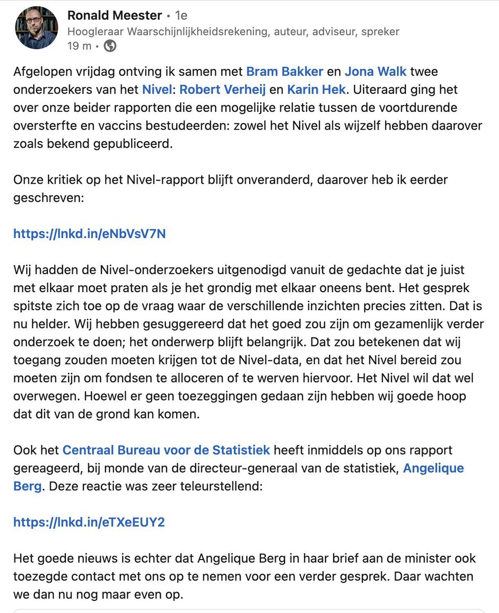 Men begint zich bij het Nivel en het CBS te realiseren dat het #oversterfte fenomeen niet meer weggaat. 

We gaan zien waar dat toe leidt.