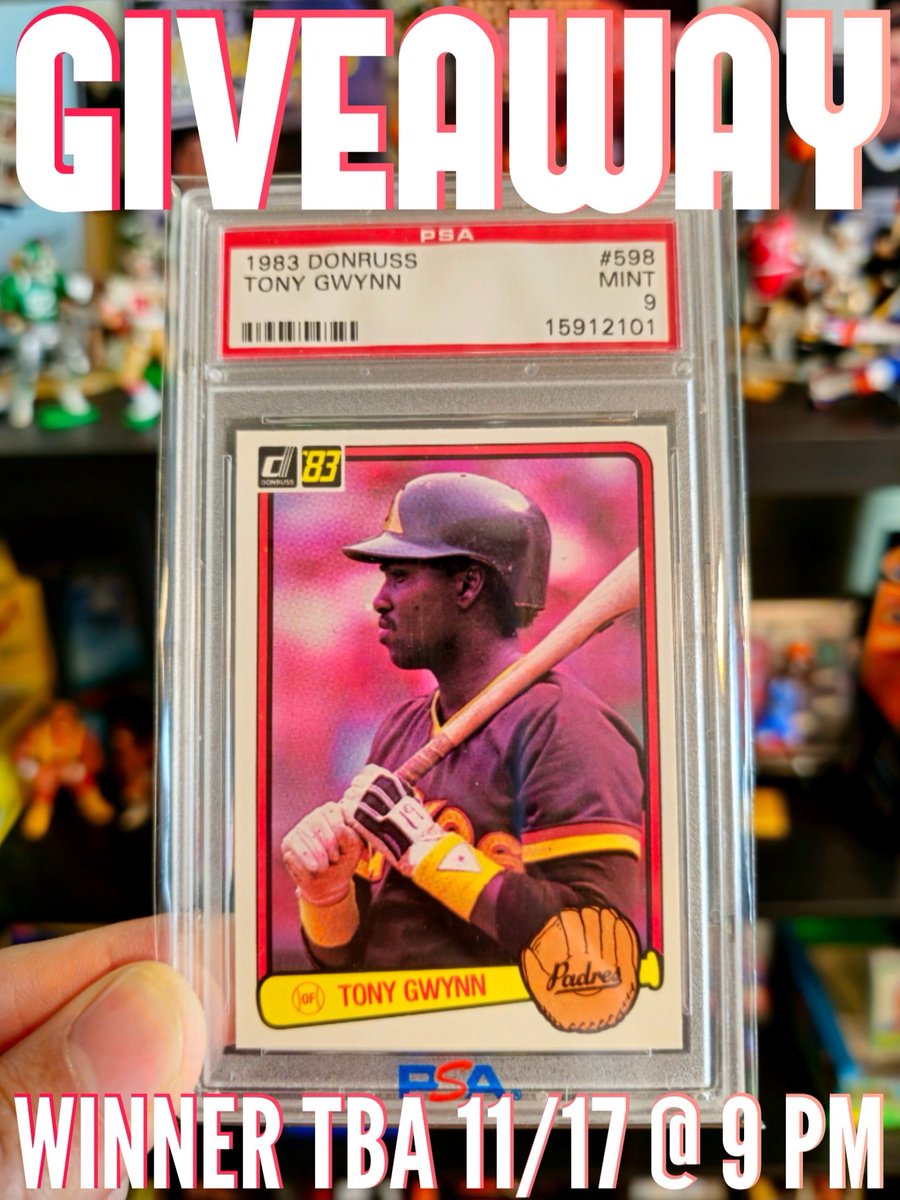 JunkWaxHeroes's tweet image. 🚨 GIVEAWAY ALERT 🚨

For a chance to win this Tony Gwynn 1983 Donruss RC PSA 9 🤩

Like/Follow/Repost to Enter ♻️

Winner TBA 11/17 @ 9 PM EST 📢