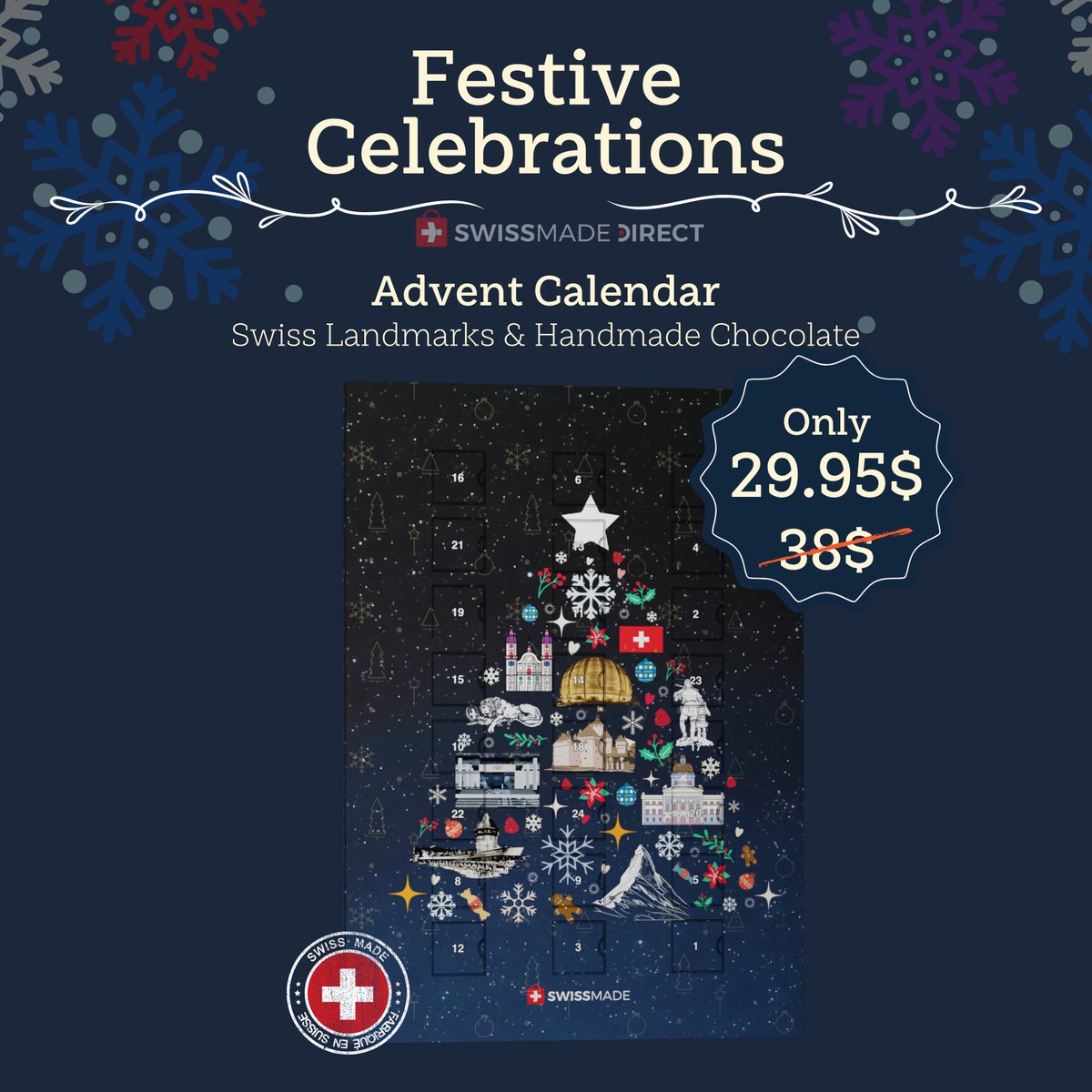 SwissMadeDirect's tweet photo. Embark on the ultimate holiday delight with our Swiss Made Chocolate Advent Calendar🎄!  Each door reveals delicious Swiss chocolate 🇨🇭🍫featuring iconic landmarks. Limited edition — pre-order now: https://t.co/hOswz5Bc1n

#SwissChocolate #AdventCalendar #SwissMade https://t.co/qEMFmiChc6