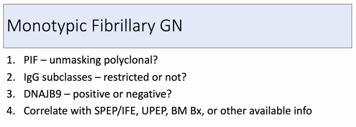 Tiffany Caza (@tiff_caza) on Twitter photo Monotypic fibrillary glomerulonephritis is not a MGRS in the vast majority of cases.
In cases with monotypic fibrillary - do IgG subclasses, do par IF, and check SPEP/UPEP for evaluation of true clonality.
Insights from <a href="/VBijol/">Vanesa Bijol</a> and <a href="/MayoClinicPath/">Mayo Clinic Pathology</a> at <a href="/GlomCon/">GlomCon</a> Monotypic fibrillary glomerulonephritis is not a MGRS in the vast majority of cases.
In cases with monotypic fibrillary - do IgG subclasses, do par IF, and check SPEP/UPEP for evaluation of true clonality.
Insights from <a href="/VBijol/">Vanesa Bijol</a> and <a href="/MayoClinicPath/">Mayo Clinic Pathology</a> at <a href="/GlomCon/">GlomCon</a>