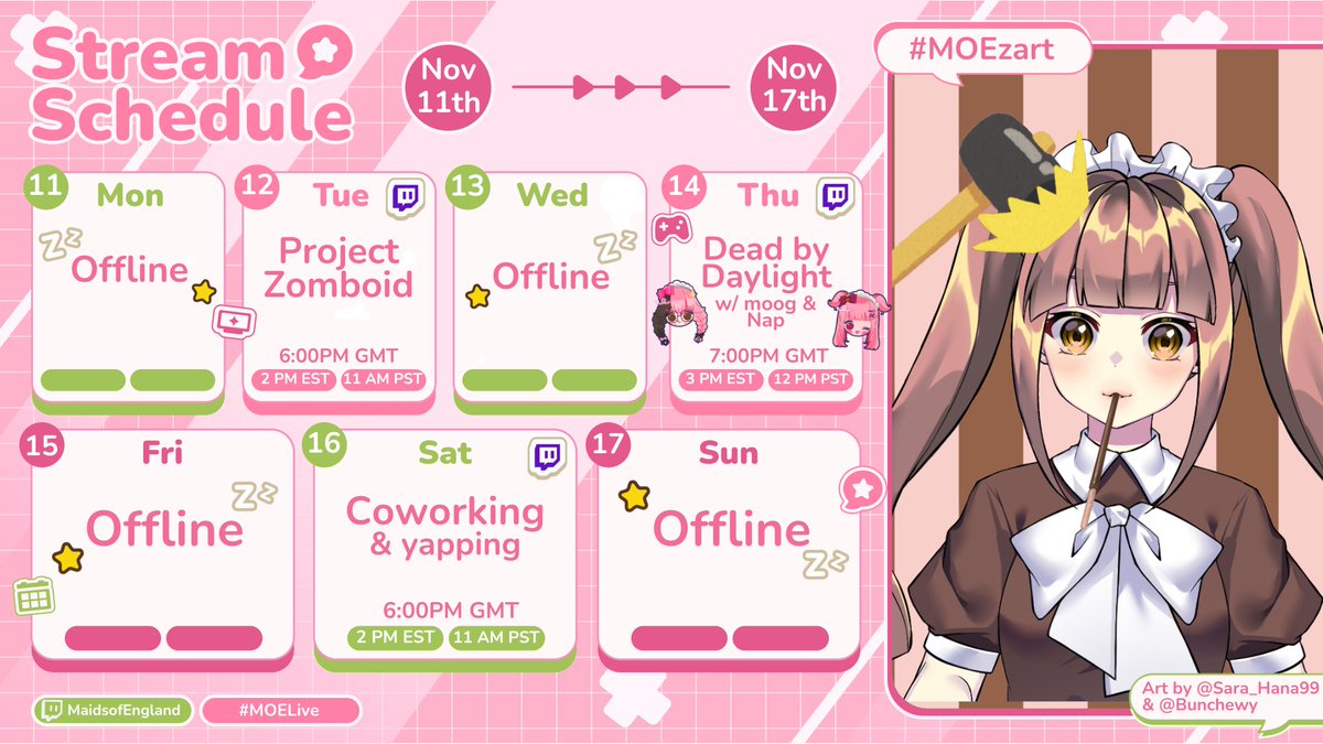 MaidMacaron_MOE's tweet photo. SCHEDULE for 11th - 17th! ποΈ
It'll be an interesting week this week! Please tune in~
#Moekaeri #MOELive #Schedule https://t.co/J8yP3J9fIN