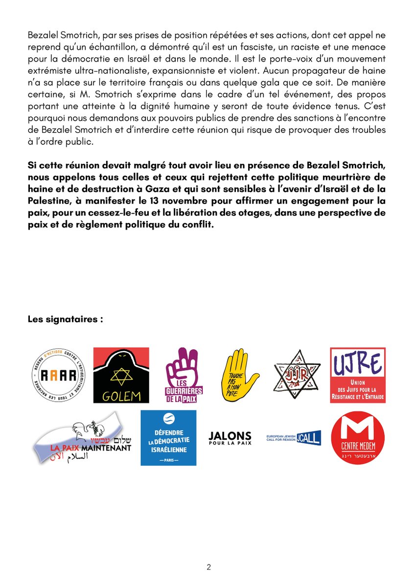 Collectif_Golem's tweet image. Rassemblement contre Smotrich, l'extrême droite israélienne et ses relais en France le 13 novembre à 18h30 avenue Hoche 

Soyons nombreux pour réaffirmer notre engagement contre le fascisme et tous les racismes, pour le cessez le feu, la libération des otages et pour la paix