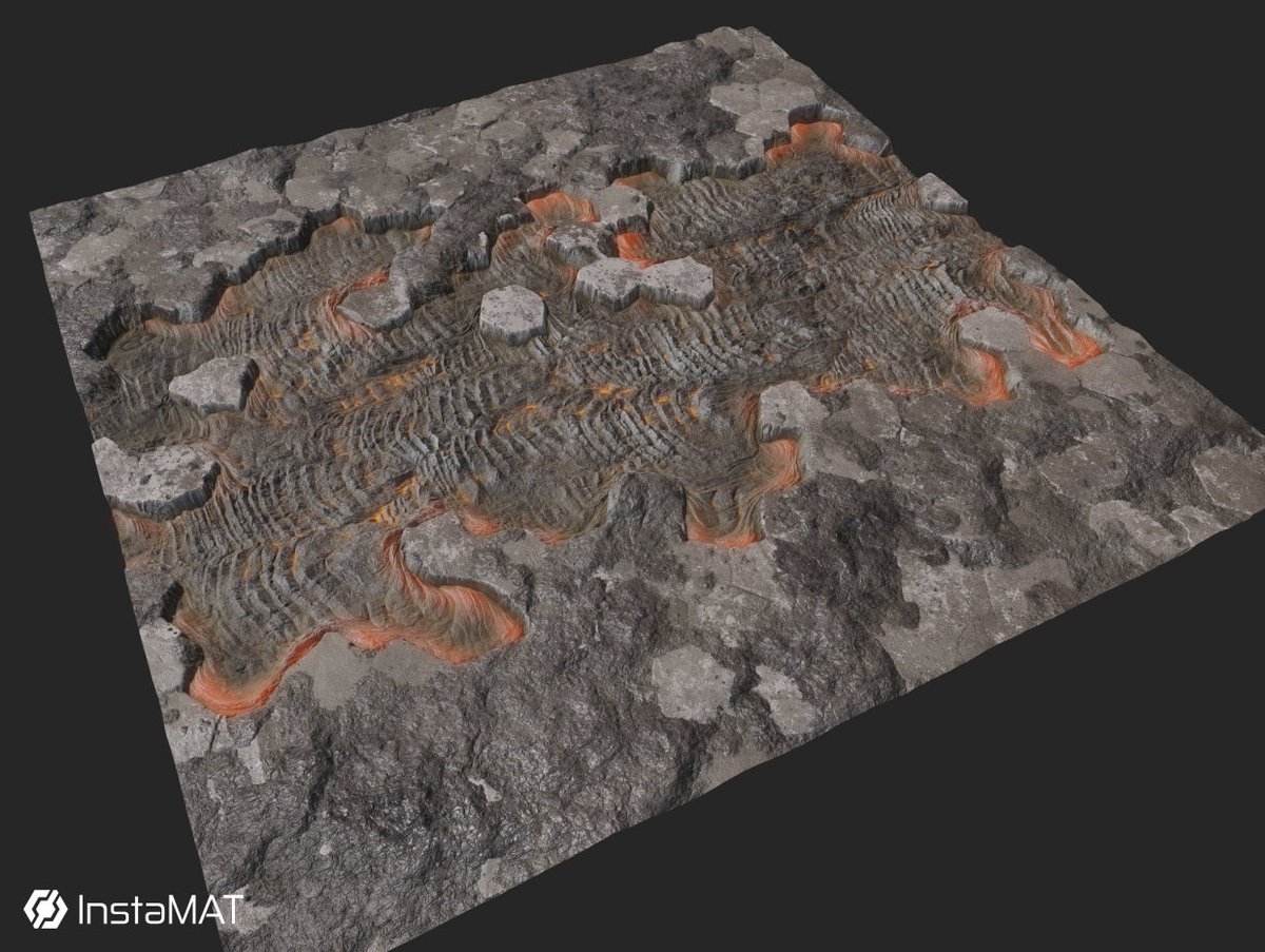 #Nodevember2024 with <a href="/InstaMAT_io/">InstaMAT</a> WIP: Lava flowing between basalt columns. YouTube video will follow shortly: