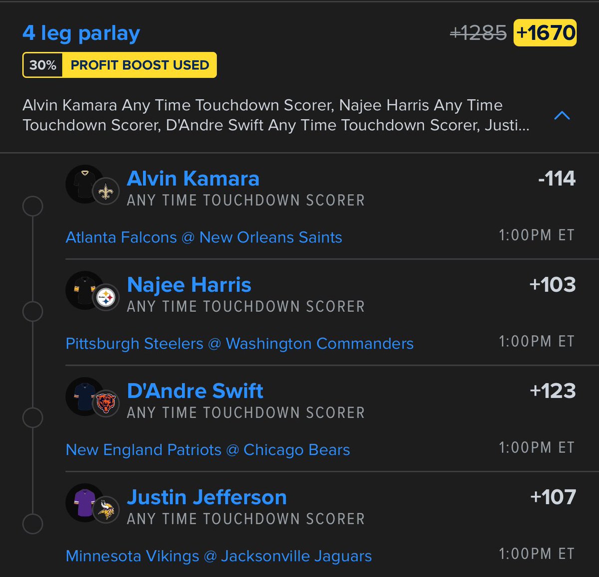 ⭐️ ANYTIME TD SCORER PARLAY ⭐️

4 legs (+1670) 

$50 To 2 Random people who likes/comment/rt when we cash! 💰 

MUST FOLLOW : <a href="/TrellJSports/">TrellJSports</a> 

Who’s riding ? Let’s go!