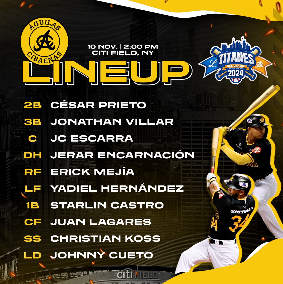 Nuestra alineación esta tarde en el Citi Field frente a Licey. 

#TitanesDelCaribe