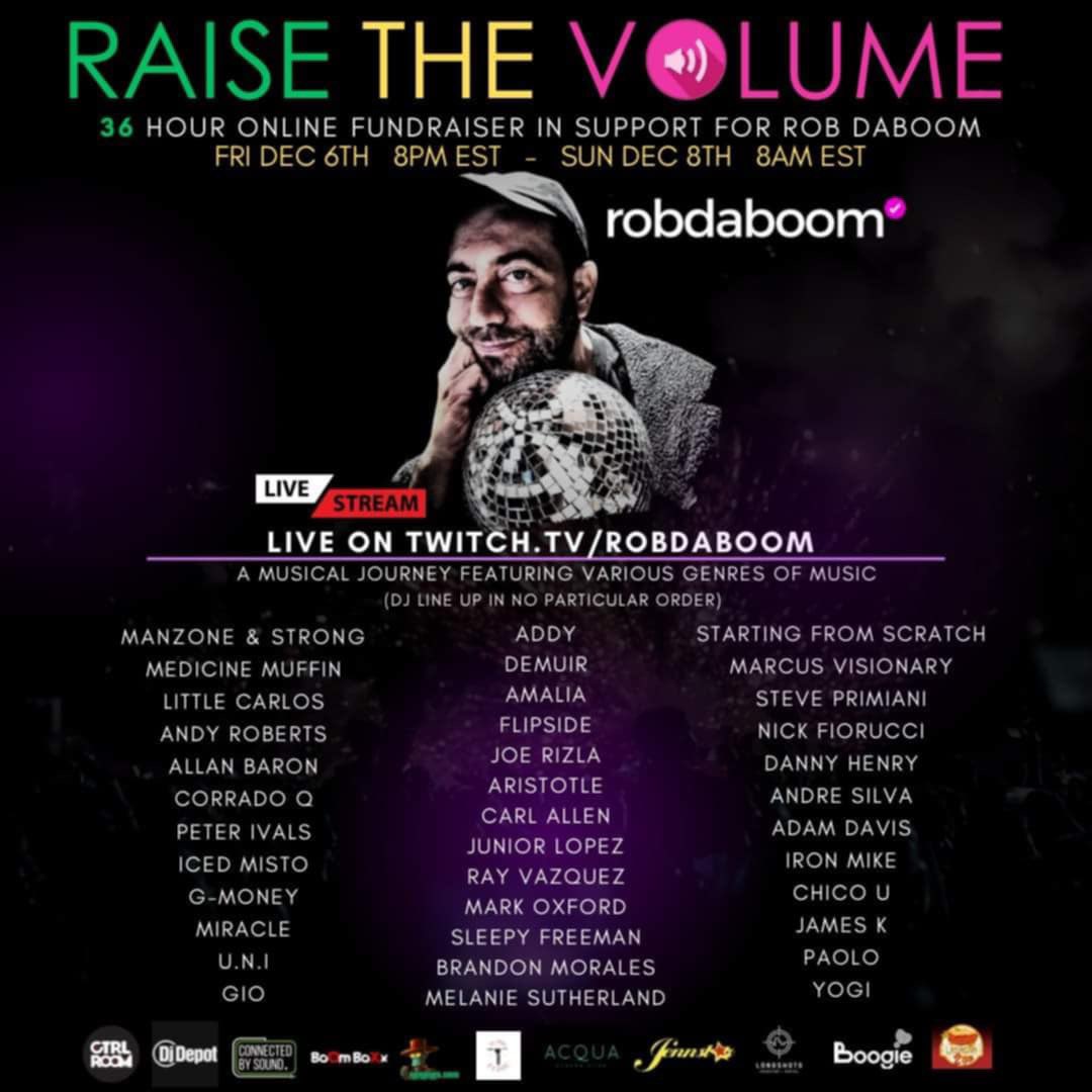 SafeHouseTO's tweet photo. Raise the Volume 36 Hour Marathon to support Rob Daboom Friday December 6- Sunday December 8 on TWITCH  https://t.co/CWBzux1yRT 💪❤️ #housemusic #fuckcancer https://t.co/7PWlZuHjHl