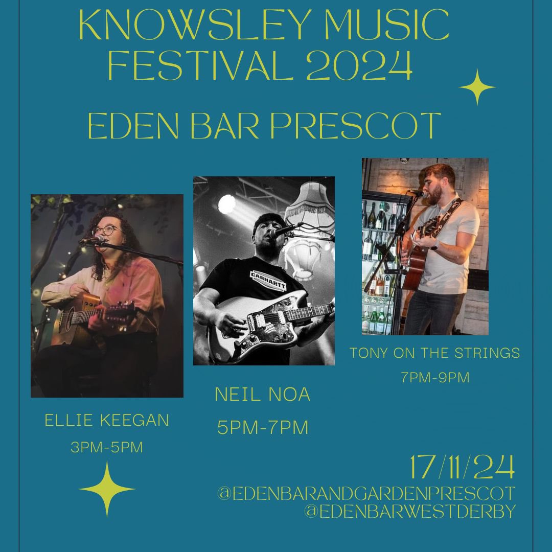 Next Sunday (17 November) we will be hosting a fringe event of the #KnowsleyMusicFestival2024 at <a href="/EdenPrescot/">Eden Bar & Garden Prescot</a> with three incredible acts <a href="/EllieKeegs/">Ellie Keegan</a> <a href="/neilnoa/">Neil Noa</a> &amp; #TonyOnTheStrings ! #LiveMusic #Prescot # Knowsley ❤️