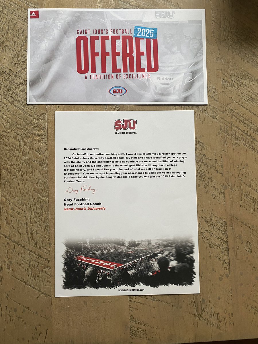 AndrewMost28's tweet photo. I am blessed to announce I have received my second offer to play college football from @SJUFootball ! @SJUGaryFasching @traviswalch @PrepRedzoneMN https://t.co/X9cQM1qsAc