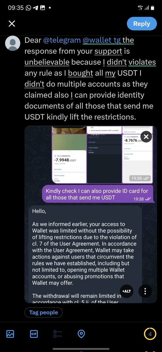 AhmadMusaAdams's tweet photo. @s0meone_u_know @s0meone_u_know @telegram @wallet_tg Kindly look into this as my USDT was held for month without any reason. https://t.co/wq7WJRulhc