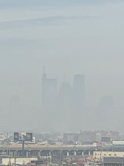 CovidDataReport's tweet photo. No this is not fog wildfire smoke has taken over center city Philadelphia. Stay inside and put your air purifier on if you are anywhere around the Philadelphia area. If you must go out consider masking up. https://t.co/H0i82NFAKw