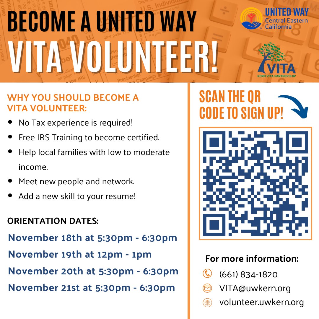 UnitedWayCEC's tweet photo. United Way of Central Eastern California is looking for VITA volunteers! If you're interested in helping families file their taxes for free, join our orientation sessions to learn more about VITA! Use the link in our bio to sign up!
#UWCEC #VITA #VITAVolunteers #freetaxprep https://t.co/Uk41bYy7ry