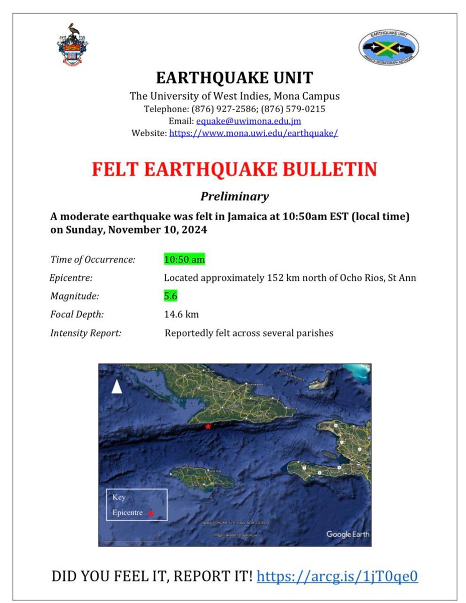 odpem's tweet photo. The @earthquake_unit has confirmed a moderate earthquake of preliminary magnitude 5.6, located approximately 152km north of Ocho Rios, St. Ann, was reported as felt at 10:50AM on Sunday, November 10, 2024 in Jamaica. https://t.co/eVKQVpFJU7