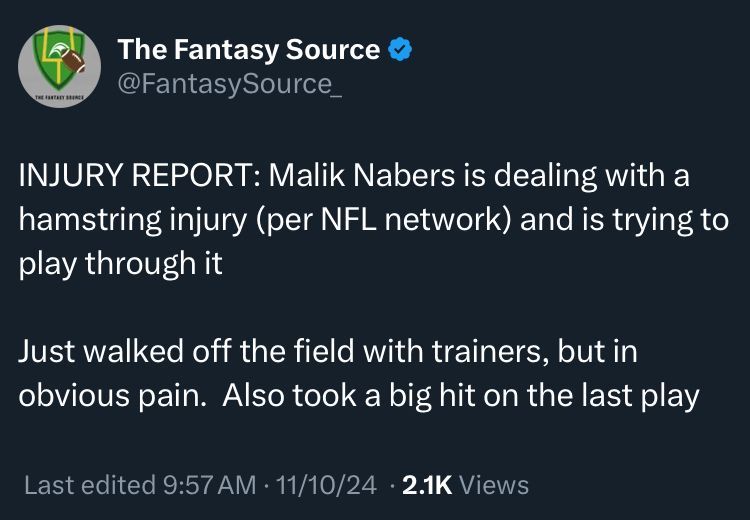 fflifeadvice's tweet photo. Something to monitor
•
•
•
•
•
 #fantasyfootball #fantasyfootballadvice #fantasyfootballnews #nfl #nflnews #espn #newyork #giants #maliknabers https://t.co/tB53RsaYOc
